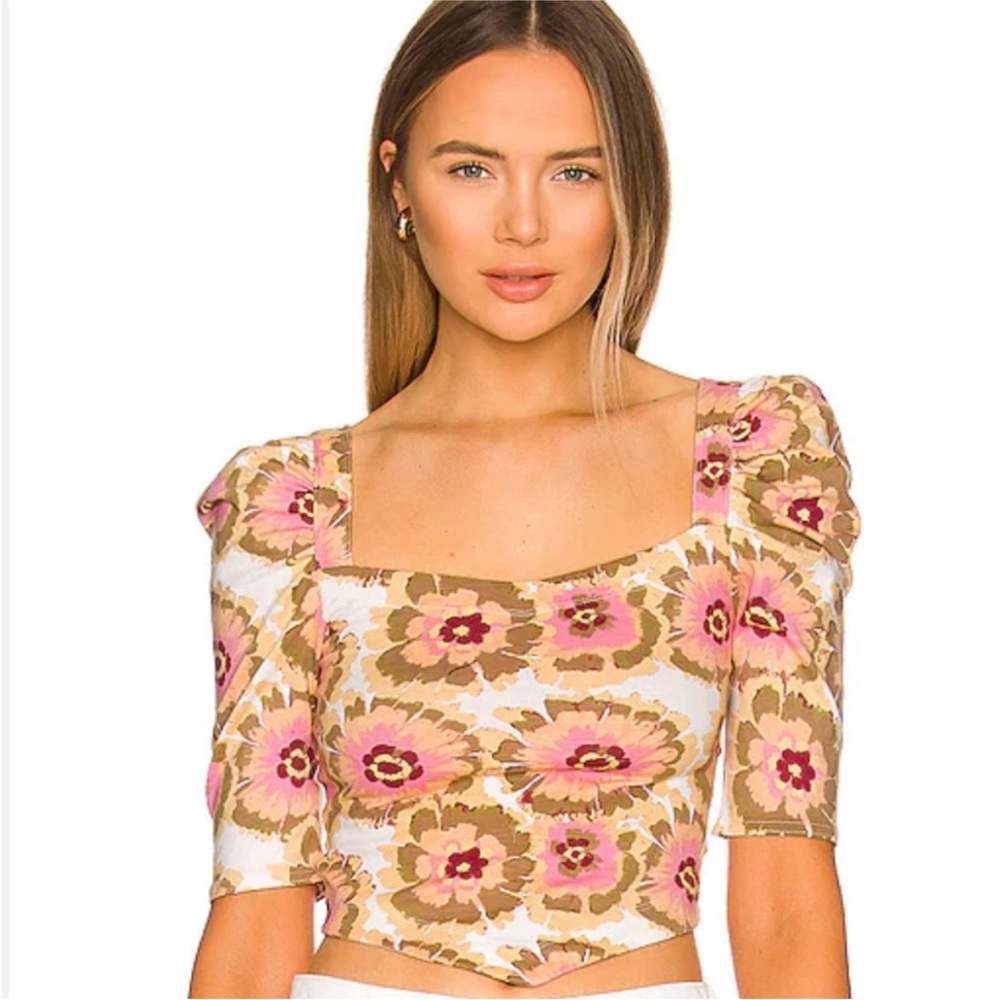 Free People Give Me More Pink Multi Floral Half Sleeve Crop Top